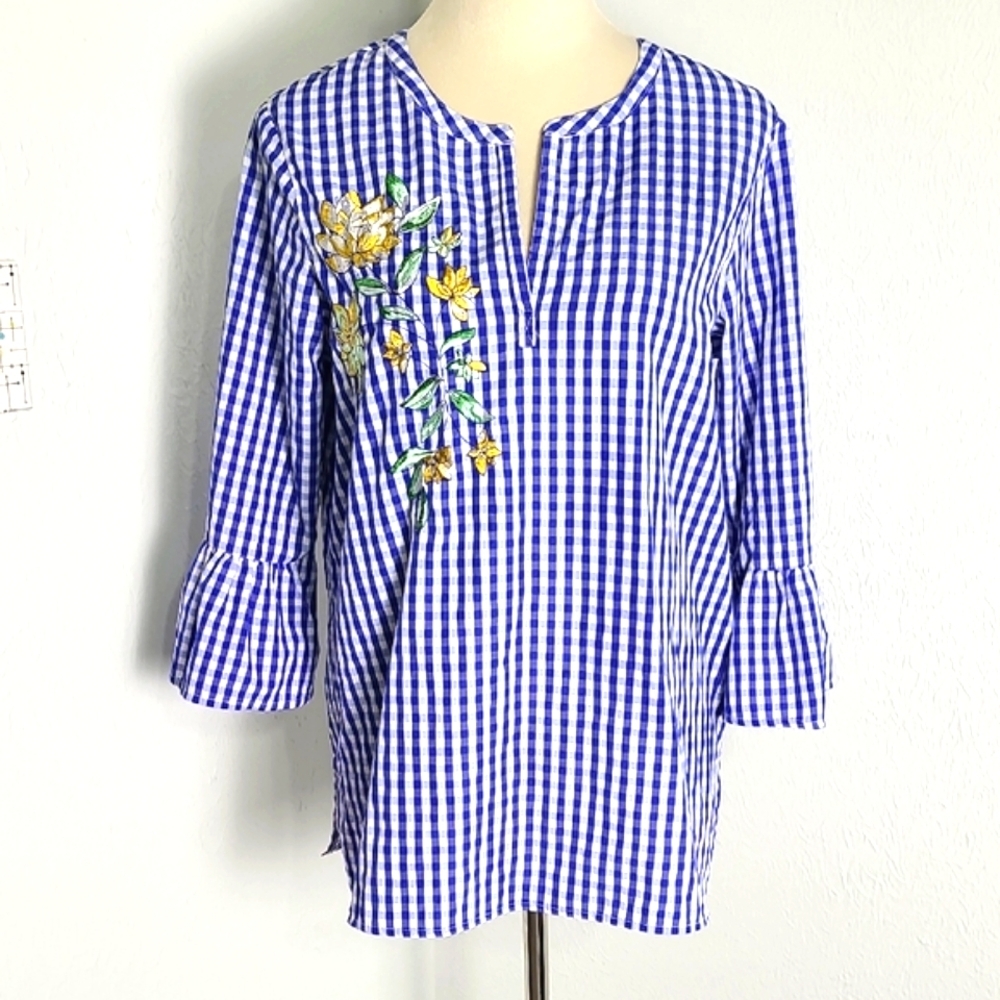 Signature Collection Blue & White Gingham Check Top, Embroidered Floral, Sz Med